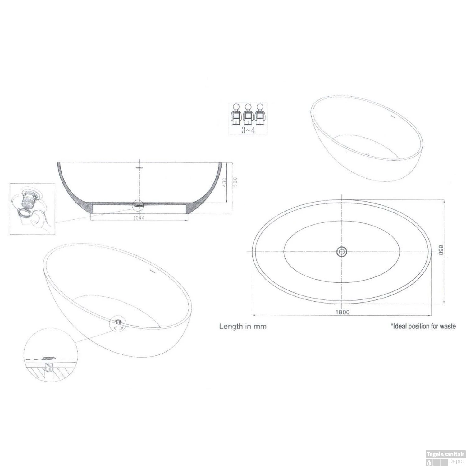 Vrijstaand Ligbad Best Design Just-Solid 180x85x52 Cm Mat Zwart 4 Vrijstaand Ligbad Best Design Just-Solid 180x85x52 Cm Mat Zwart - Afbeelding 4