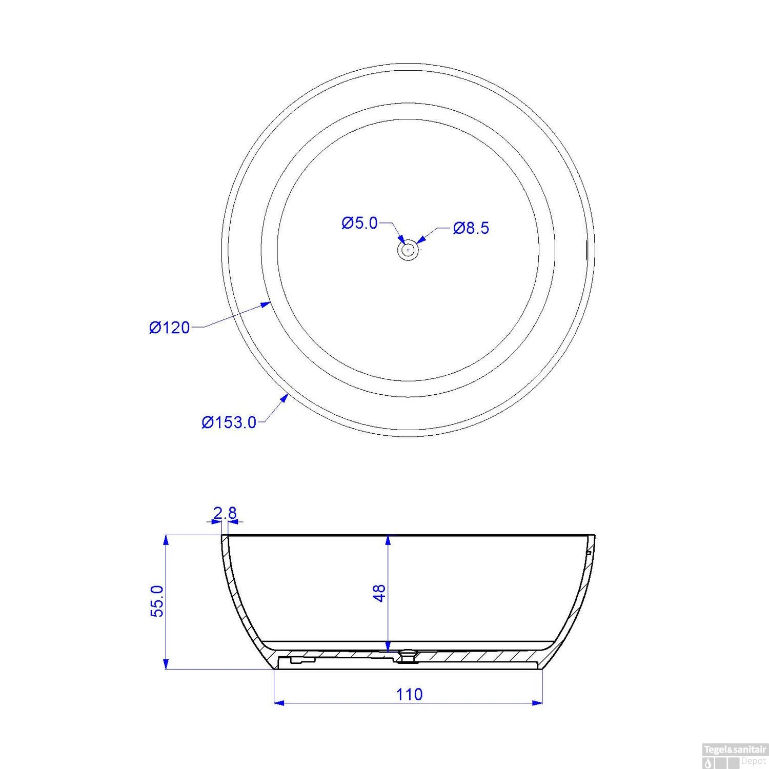 Vrijstaand Ligbad Arcqua Cusco Rond 153 Cm Glans Wit - Afbeelding 3
