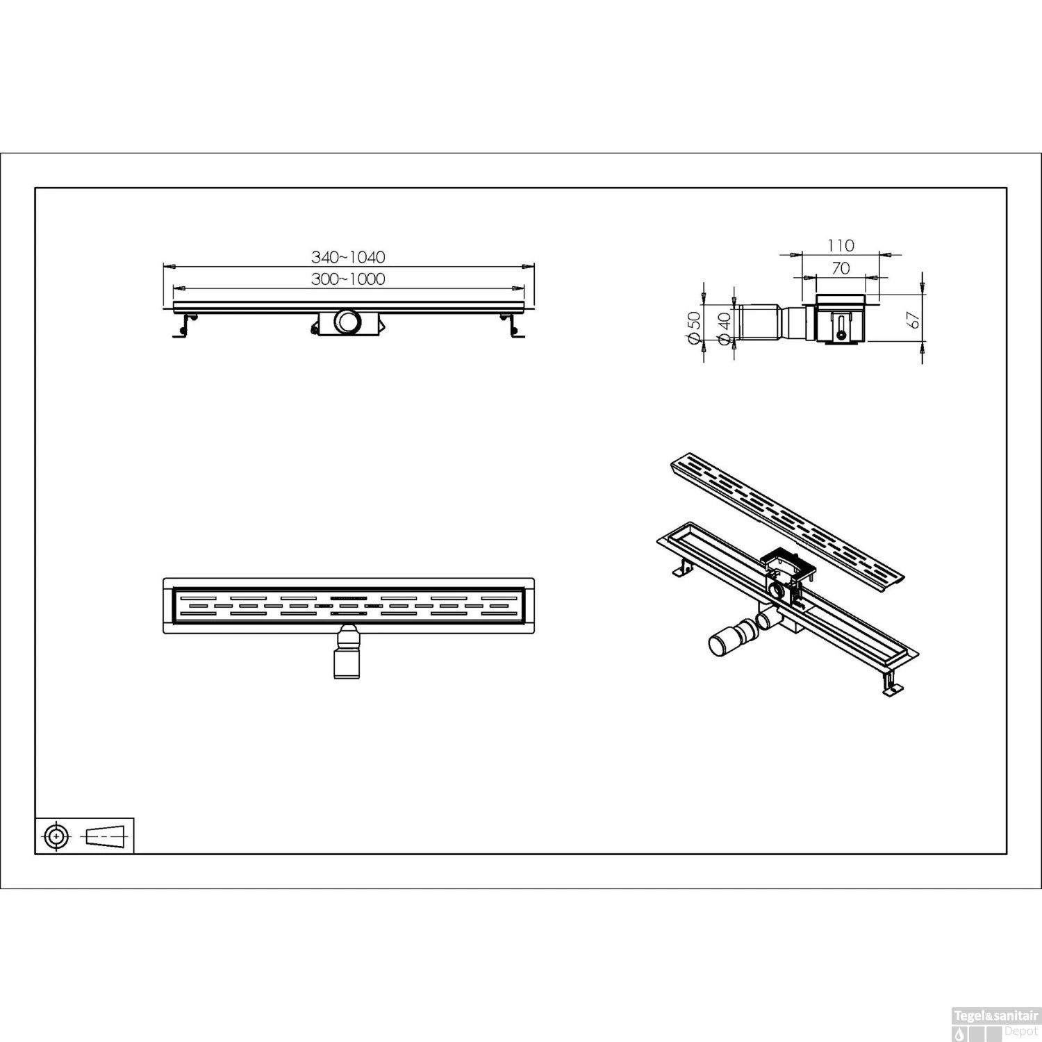 BWS Douchegoot Flens Met Uitneembare Haarfilter 100x7x6.7 Cm Gunmetal - Afbeelding 4