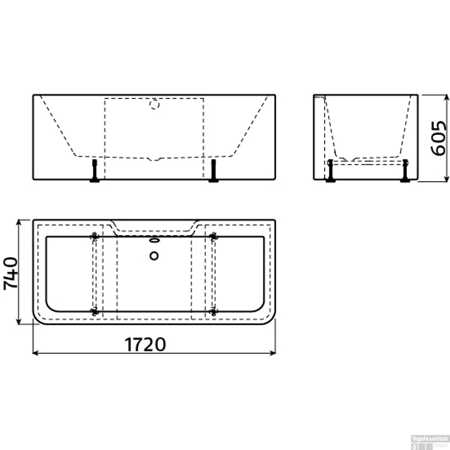 Clou InBe Ligbad Wandmodel Rechthoekig 172x74x60.5 Cm Met Overloop Acryl Wit - Afbeelding 4