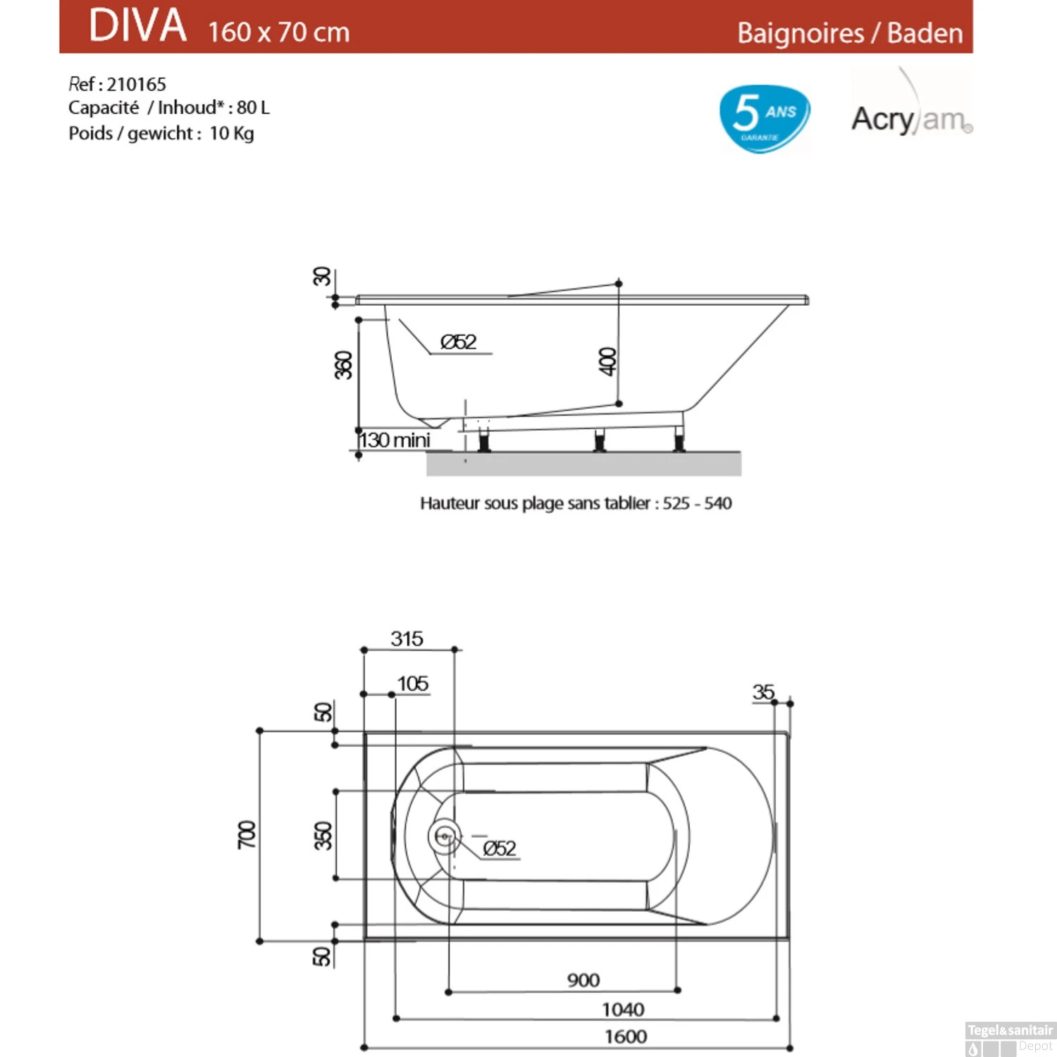 Ligbad Allibert Diva 160x70 Cm 3 Ligbad Allibert Diva 160x70 Cm - Afbeelding 3