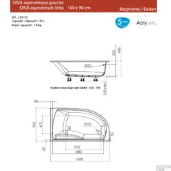 Hoekbad Allibert Diva 160x90 Cm Asymmetrisch Links -Thuis Badkamer diva links 160x90 tech 1