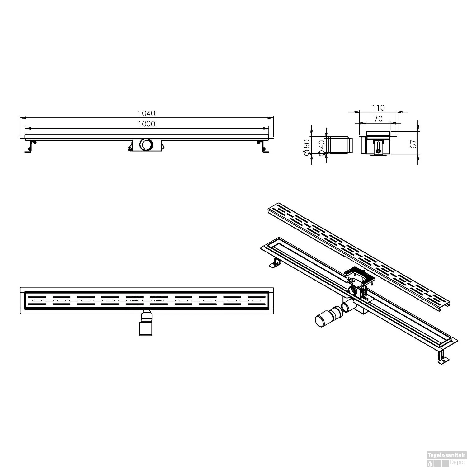 Douchegoot Wiesbaden Met Flens 100x7cm 6.7cm Diep Geborsteld Koper - Afbeelding 5