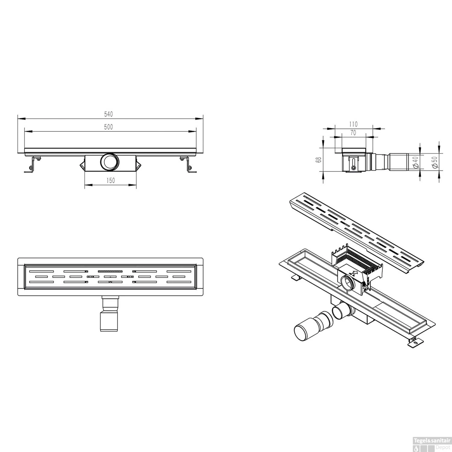 Douchegoot Wiesbaden Met Flens 50x7 Cm Mat Zwart 2 Douchegoot Wiesbaden Met Flens 50x7 Cm Mat Zwart - Afbeelding 2