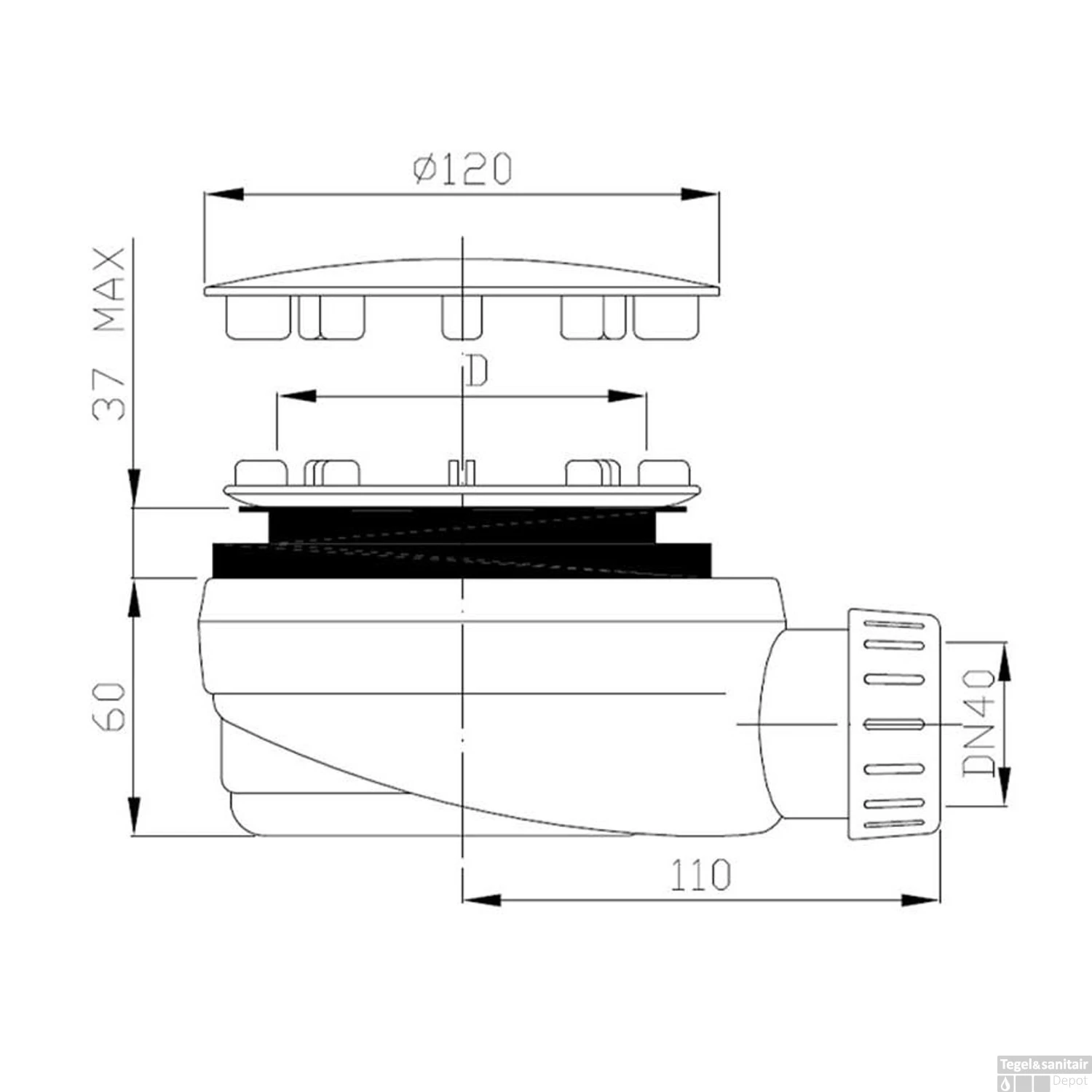 Doucheput Sapho Lina Rond Met Zijuitlaat 9 CM Mat Zwart - Afbeelding 2