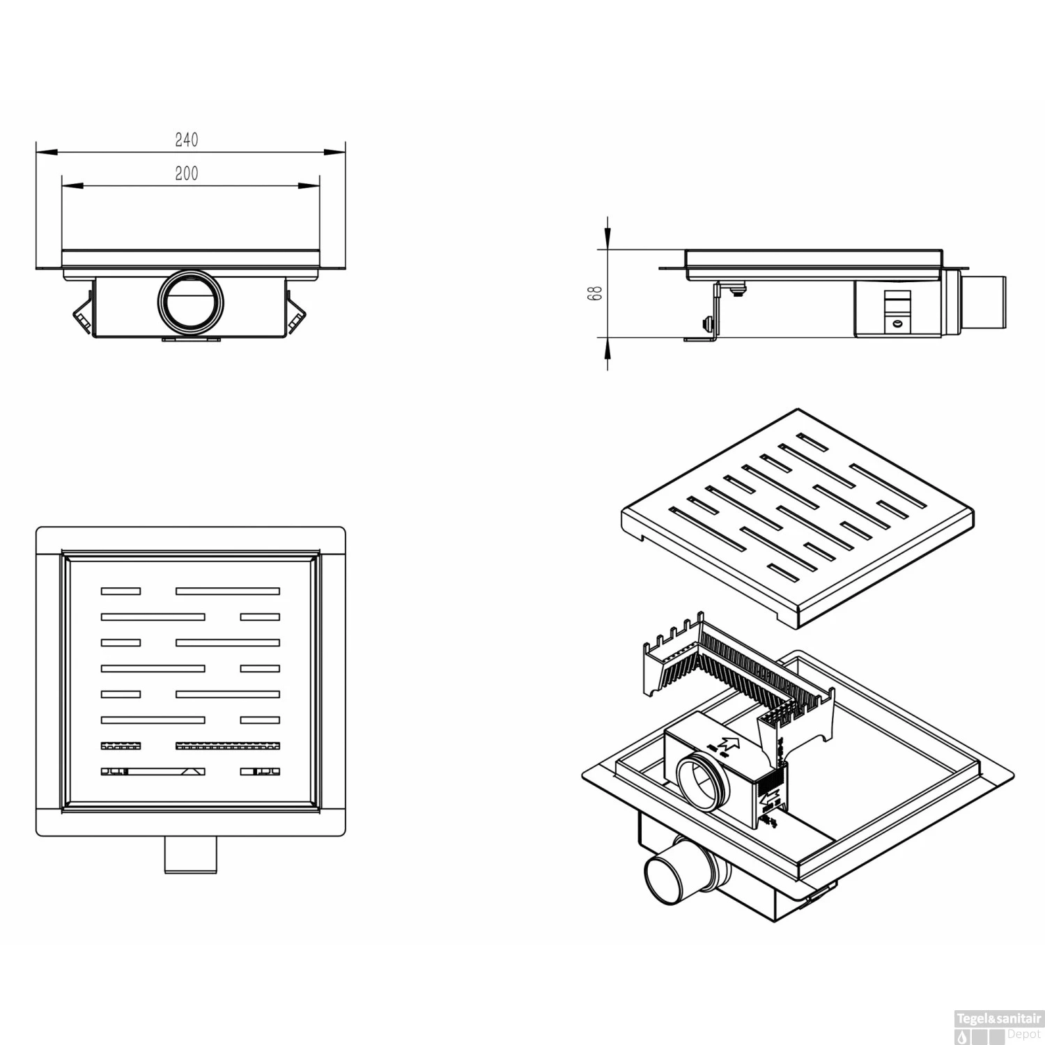 Doucheput Wiesbaden Met Flens En Zijuitlaat 20x20 Cm Mat Zwart 3 Doucheput Wiesbaden Met Flens En Zijuitlaat 20x20 Cm Mat Zwart - Afbeelding 3