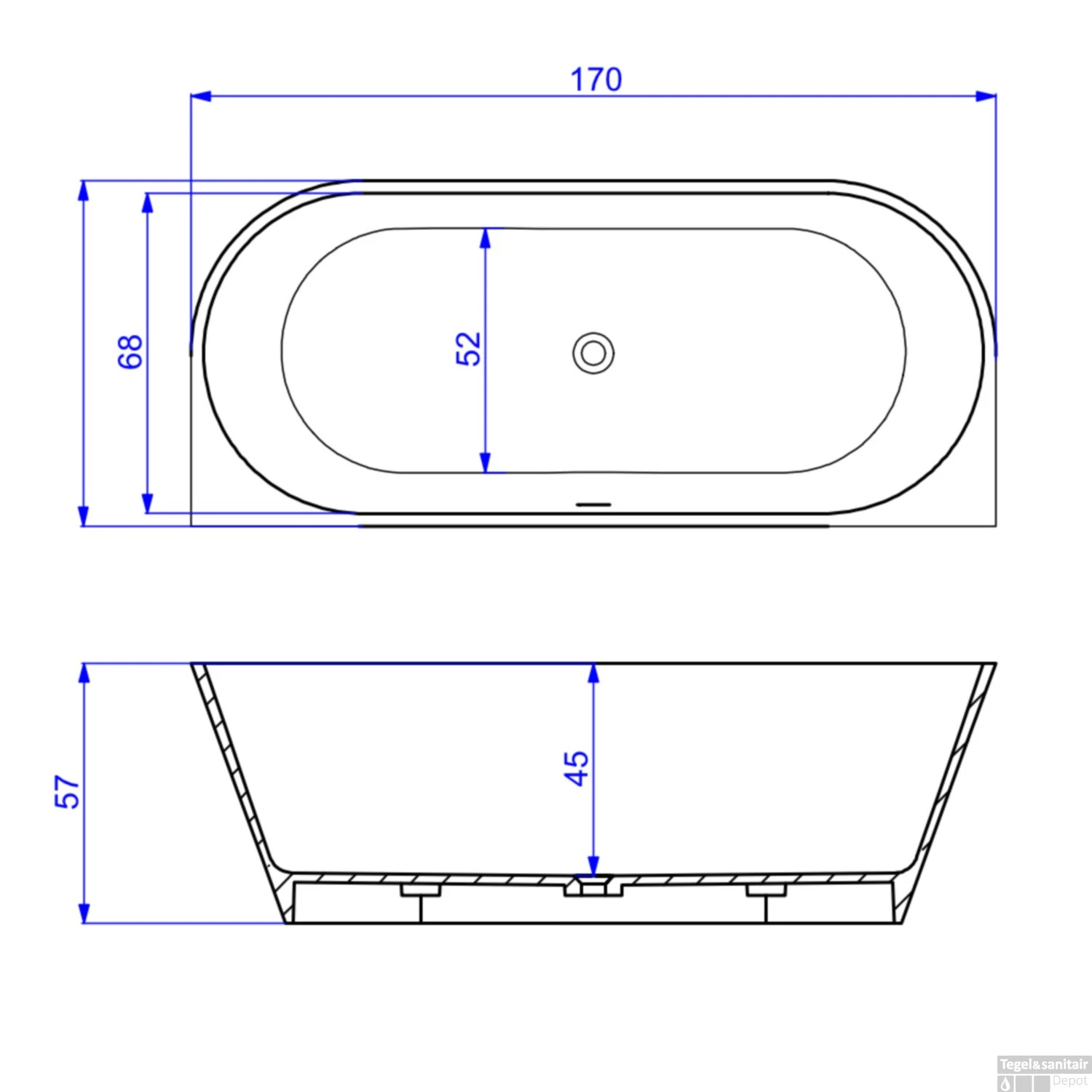 Half Vrijstaand Bad Arcqua Pinto Back To Wall 170x73x57 Cm Mat Wit - Afbeelding 4