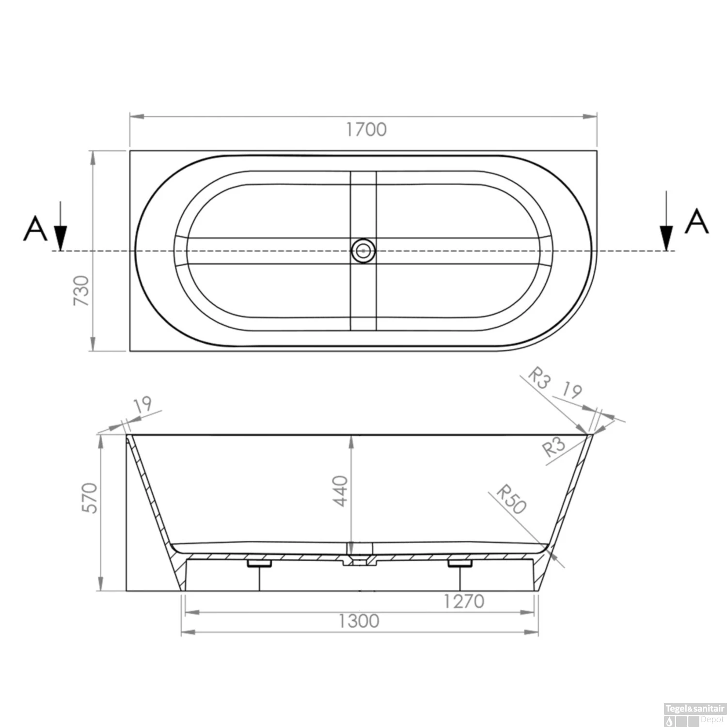 Half Vrijstaand Hoekbad Arcqua Pinto Back To Wall 170x73x57 Cm Mat Wit Links - Afbeelding 3