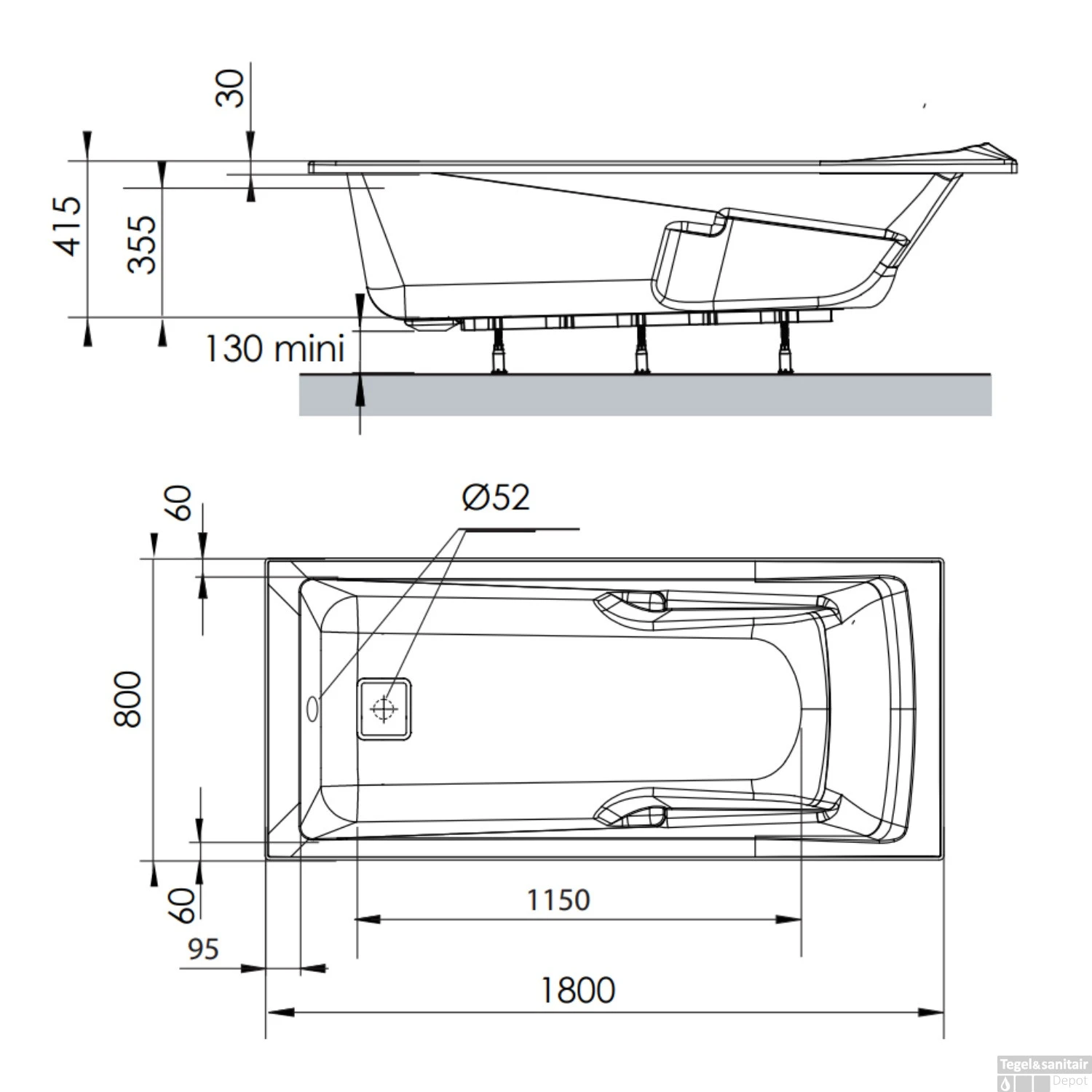 Ligbad Allibert Aero Confort Rechthoekig Bad 180x80x52 Cm Incl. Afvoerdeksel En Poten - Afbeelding 6