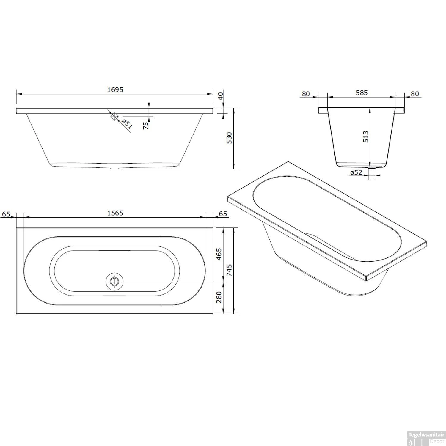 Ligbad Sanindusa Urb.y 170x75 Cm Acryl Wit 3 Ligbad Sanindusa Urb.y 170x75 Cm Acryl Wit - Afbeelding 3