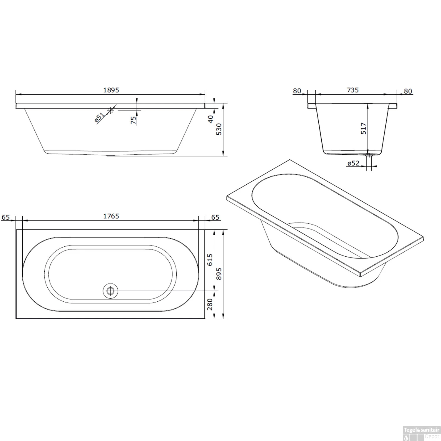 Ligbad Sanindusa Urb.y 190x90 Cm Acryl Wit 3 Ligbad Sanindusa Urb.y 190x90 Cm Acryl Wit - Afbeelding 3