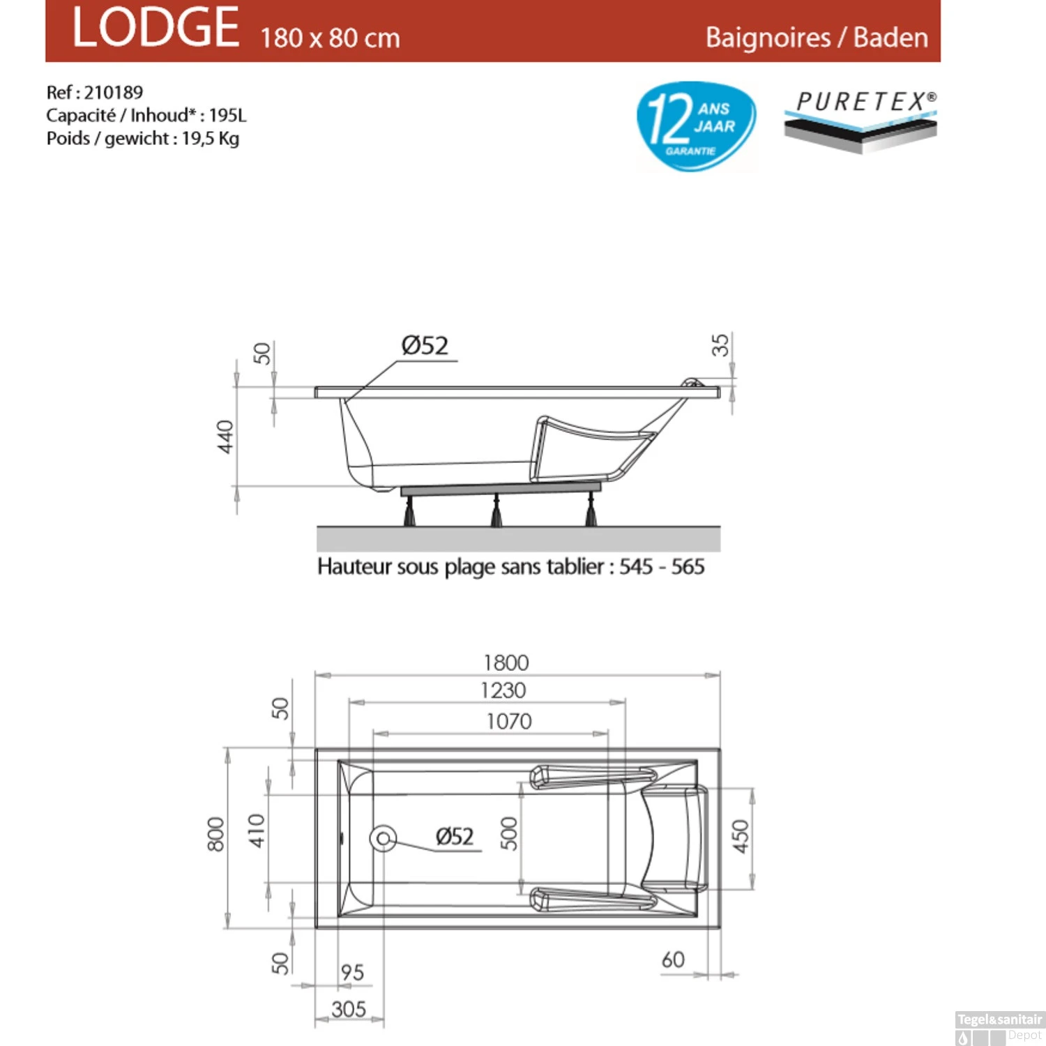 Ligbad Allibert Lodge 180x80x53,5-55,5 Cm 2 Ligbad Allibert Lodge 180x80x53,5-55,5 Cm - Afbeelding 2