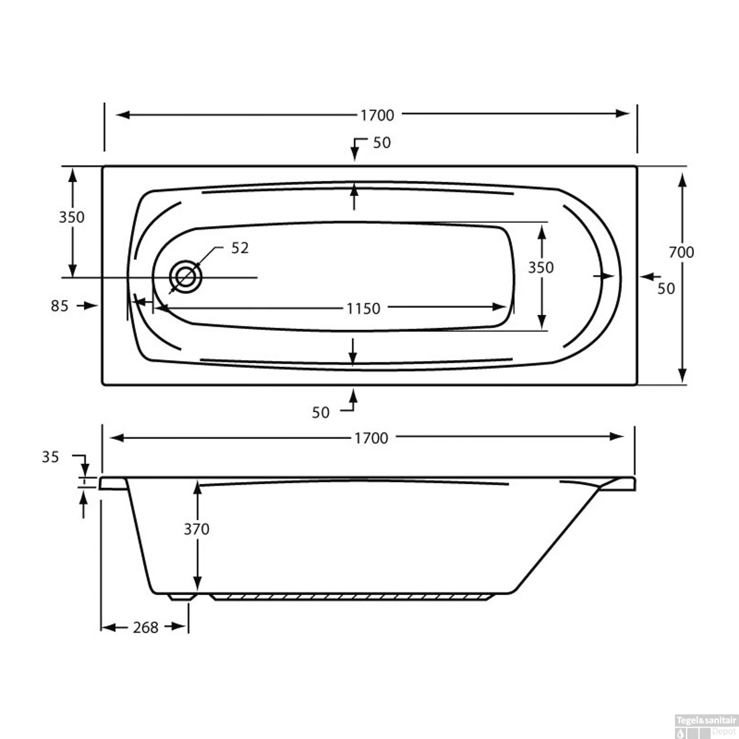 Ligbad Plieger Basic Solo 170x70x37cm Acryl Met Poten Wit 2 Ligbad Plieger Basic Solo 170x70x37cm Acryl Met Poten Wit - Afbeelding 2
