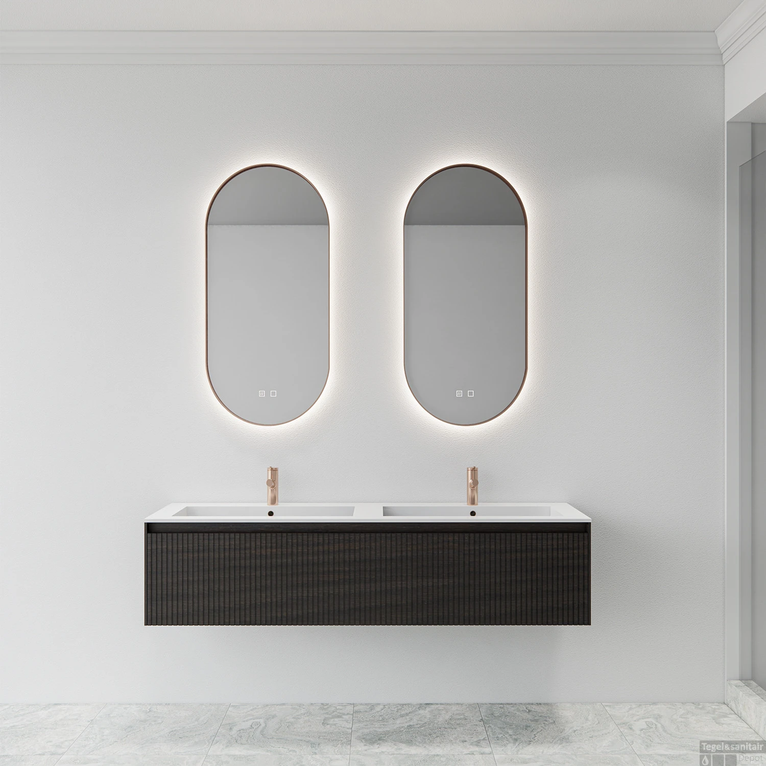 Spiegel Boss & Wessing Thyreos 50x100cm Ovaal Met Rand Koper LED Verlichting & Geïntegreerde Spiegelverwarming - Afbeelding 2