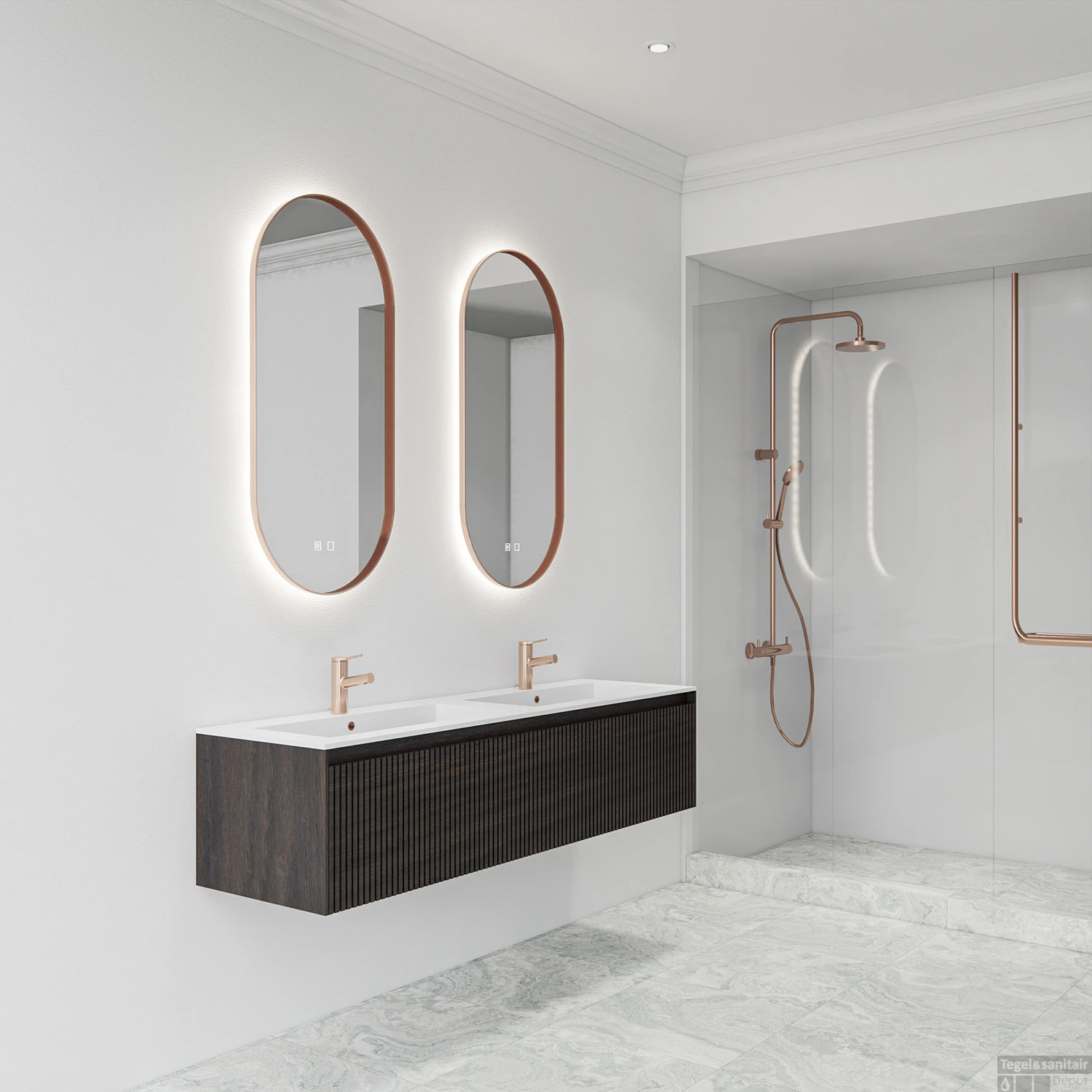 Spiegel Boss & Wessing Thyreos 50x100cm Ovaal Met Rand Koper LED Verlichting & Geïntegreerde Spiegelverwarming