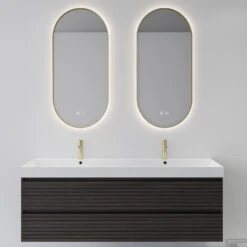 Spiegelcombinatie Boss & Wessing 2x Thyreos 40x100cm Ovaal Met Rand Mat Goud LED Verlichting & Geïntegreerde Spiegelverwarming