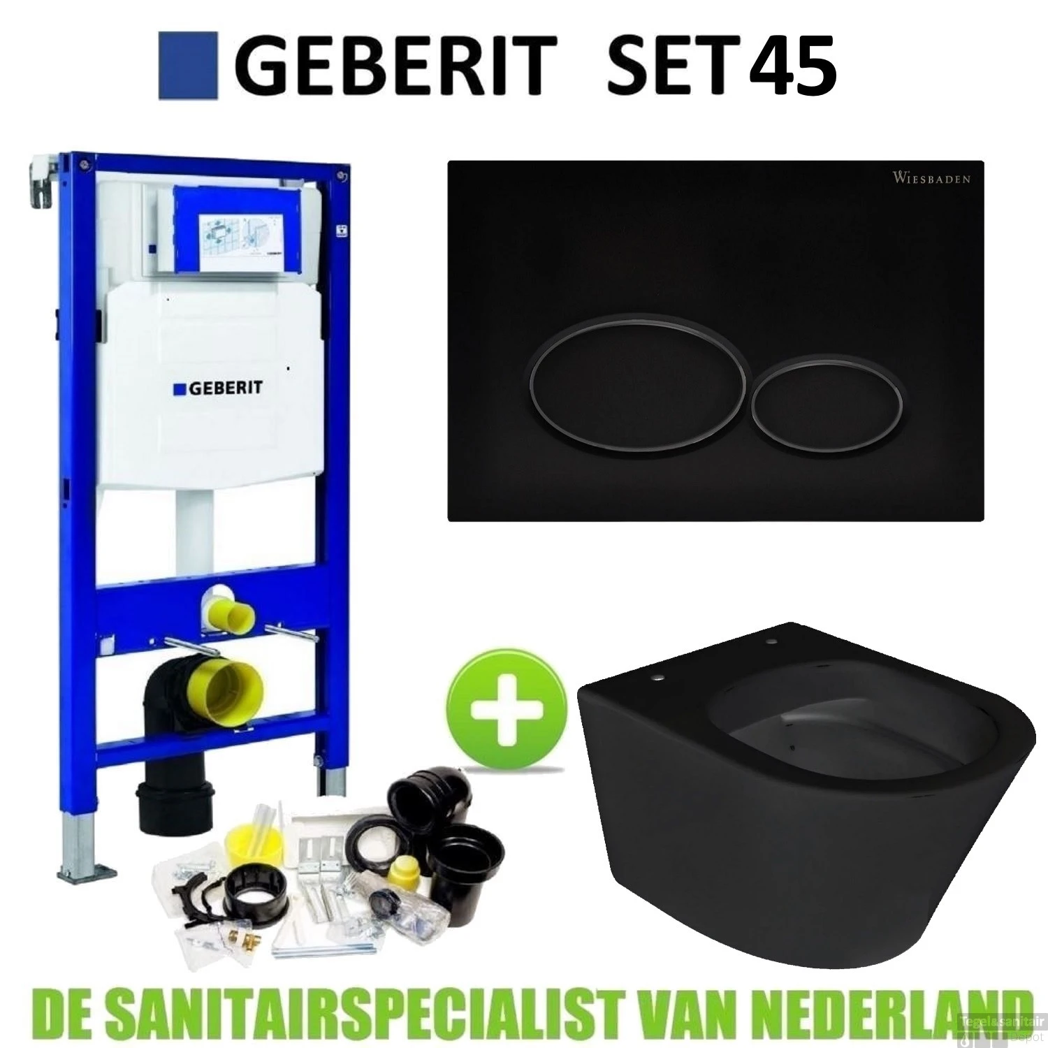 Geberit UP320 Toiletset Set45 Wiesbaden Vesta Rimless Mat Zwart Met Matzwarte Drukplaat 1 Geberit UP320 Toiletset Set45 Wiesbaden Vesta Rimless Mat Zwart Met Matzwarte Drukplaat