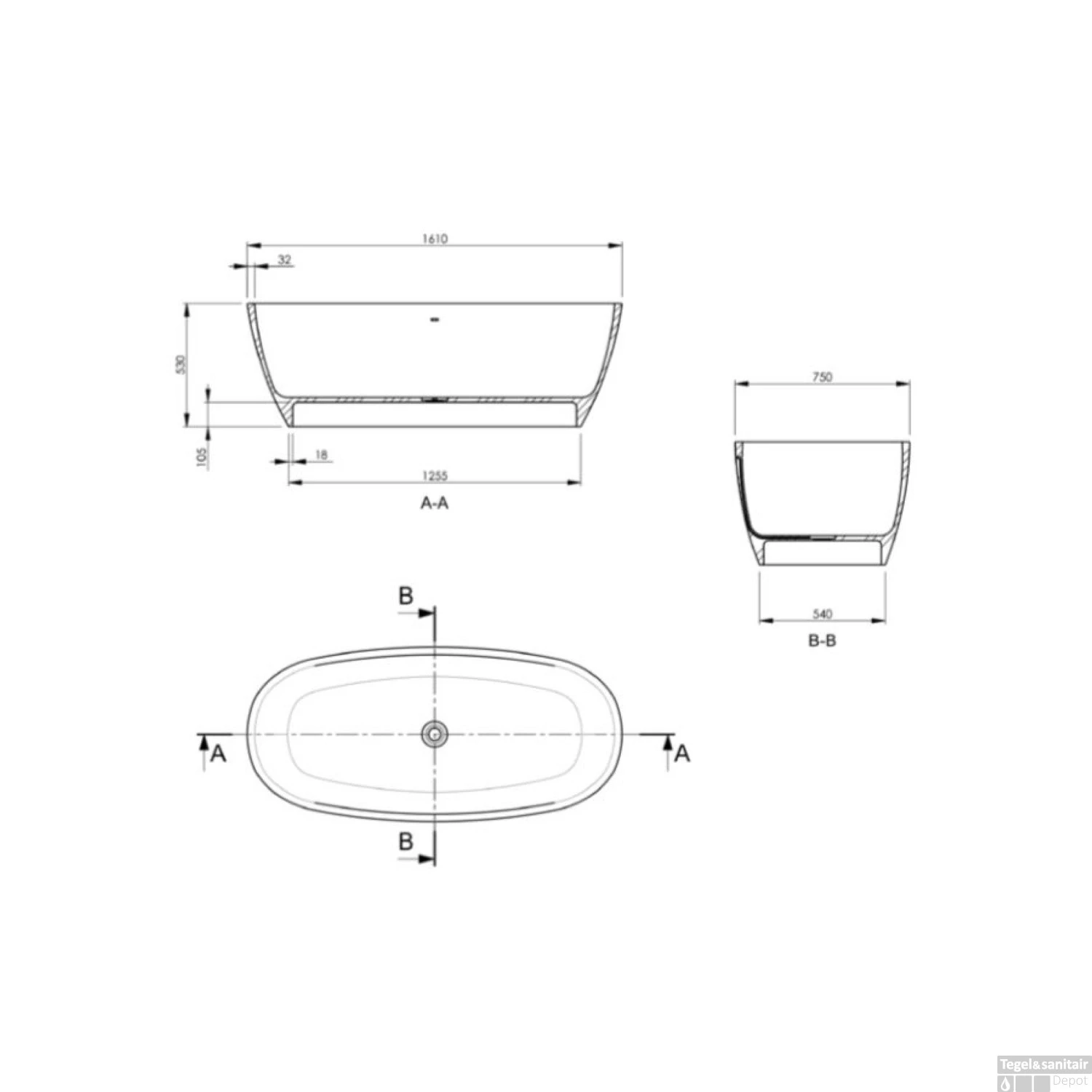 Vrijstaand Bad Crosstone Solid Surface 161x75x53 Cm Mat Wit 2 Vrijstaand Bad Crosstone Solid Surface 161x75x53 Cm Mat Wit - Afbeelding 2