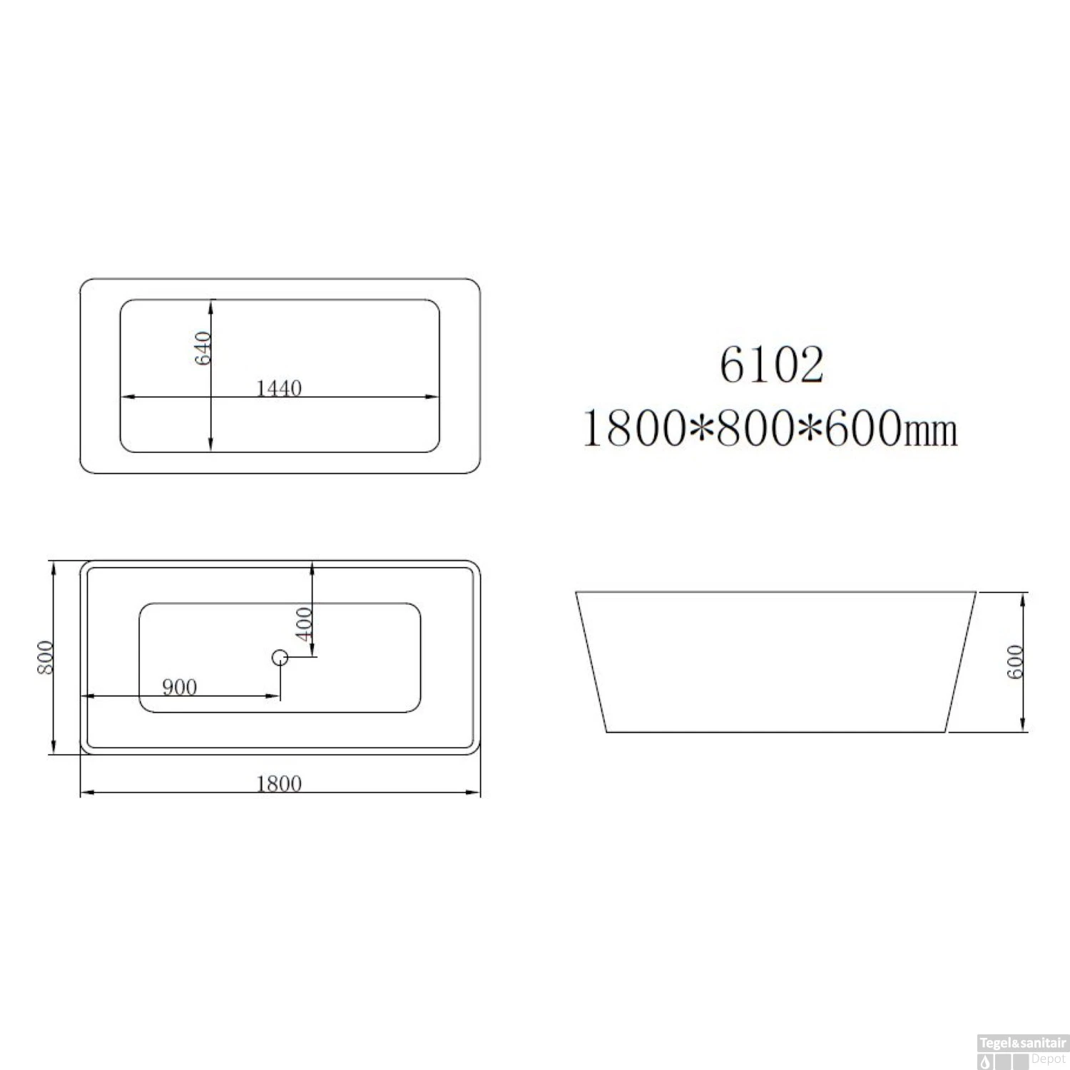 BWS Vrijstaand Ligbad | Boss & Wessing Quadro | Acryl | 180x80x60cm | Met Waste | Hoogglans Wit - Afbeelding 2